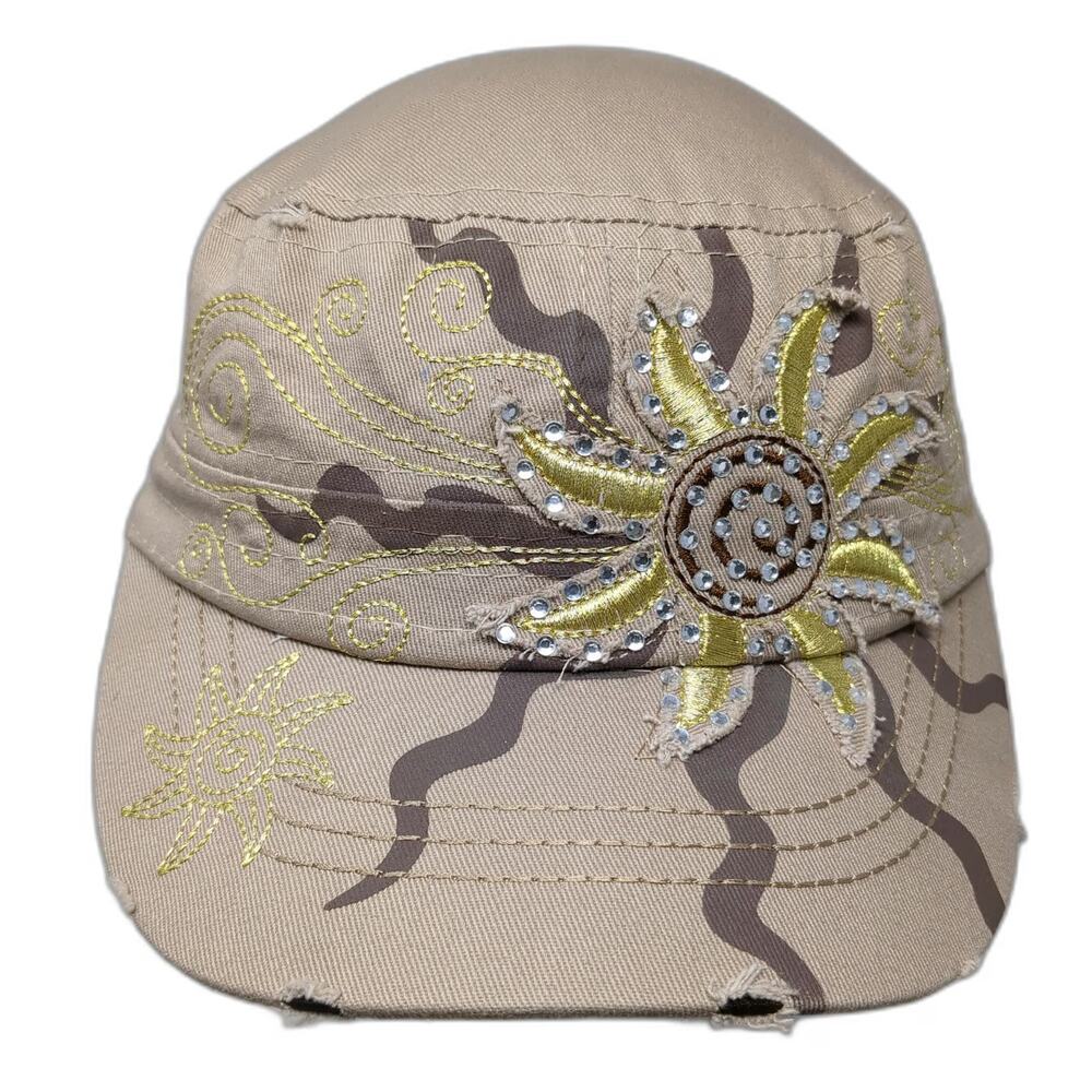 Daizy Chainz Army Cap Beige One Size Rhinestone Sun Embroidered Slideback Hat